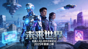 科幻电影《未来世界》高清封面，机器人与人类共存未来城市
